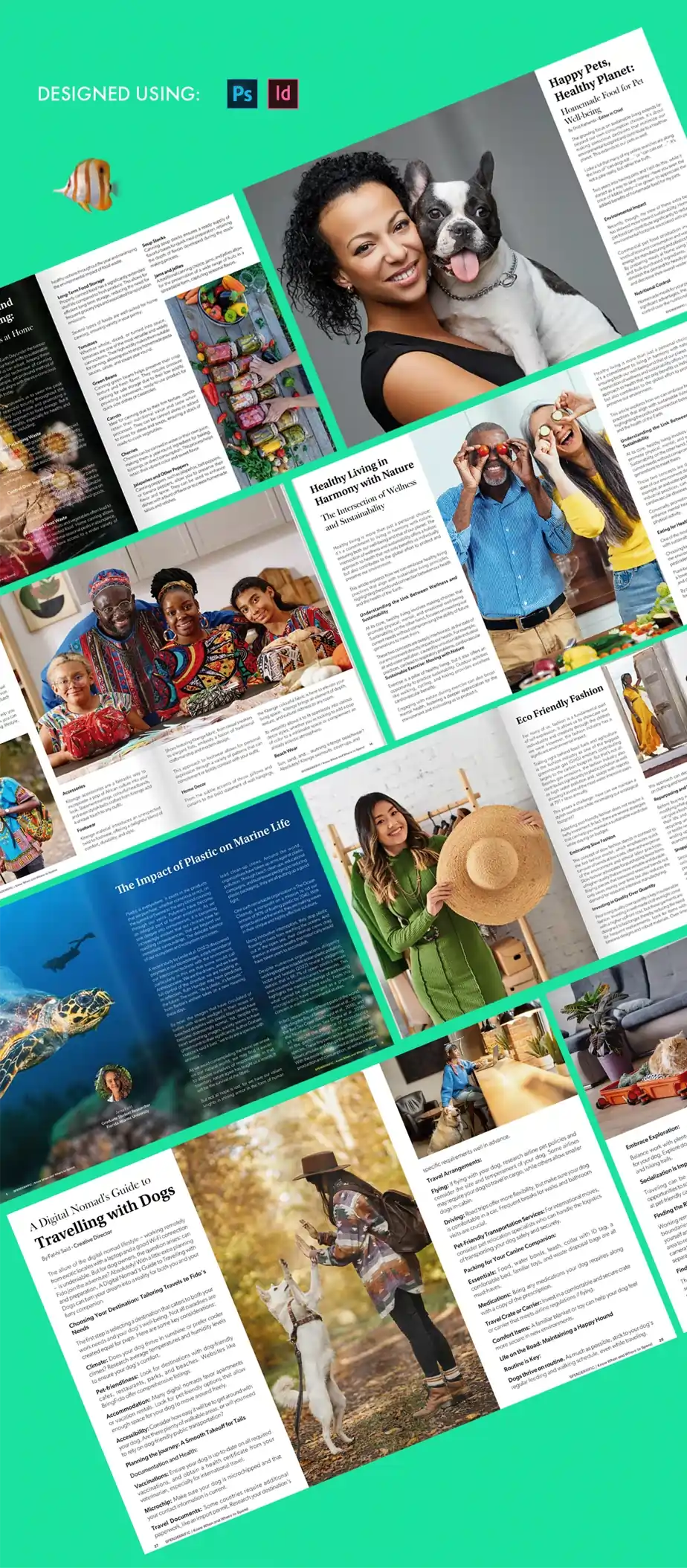Spenderrific Magazine Issue 03 multi-spread layout showing wellness, fashion, and travel features